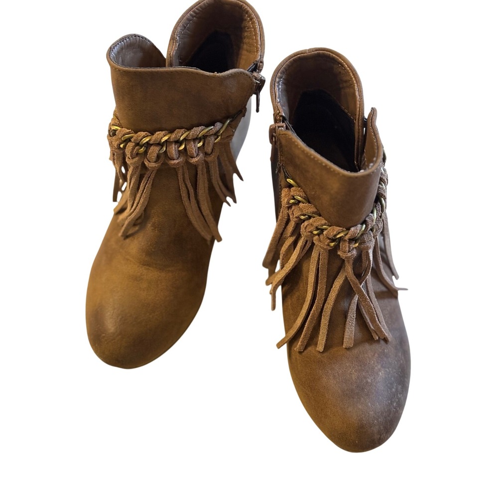 Volatile Kids Haley Tan Fringe Chain Accent Wedge Ankle Boots - Size 2